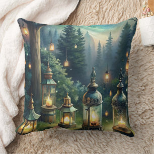 Enchanted Forest Lanterns Under Moonlight Cushion