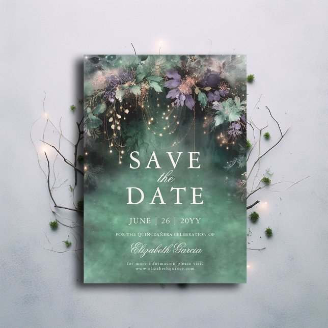 Enchanted Forest Lavender Quinceanera Fairy Tale Save The Date (enchanted forest quinceanera save the date fairy tale emerald green lavender purple pink elegant)