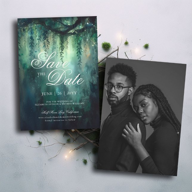 Enchanted Forest Light Photo Wedding Save the Date Invitation (enchanted forest emerald wedding save the date photo template elegant modern calligraphy formal)