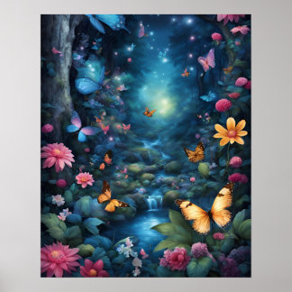 Enchanted Forest Magic BLUE butterflies flowers Poster