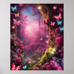 Enchanted Forest Magic FUSHIA butterflies flowers Poster