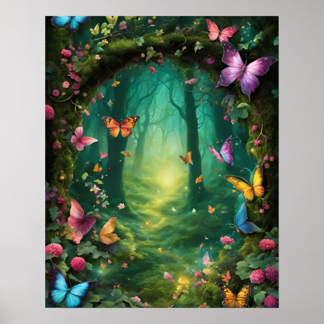 Enchanted Forest Magic GREEN butterflies flowers Poster (Front)