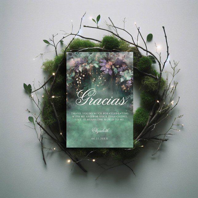 Enchanted Forest Magic Green Lavender Quinceanera Thank You Card (quinceanera thank you card enchanted forest theme emerald green lavender pink blush)