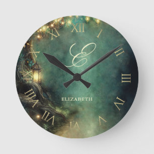 Enchanted Forest Magic Lanterns Fair Baby Monogram Round Clock