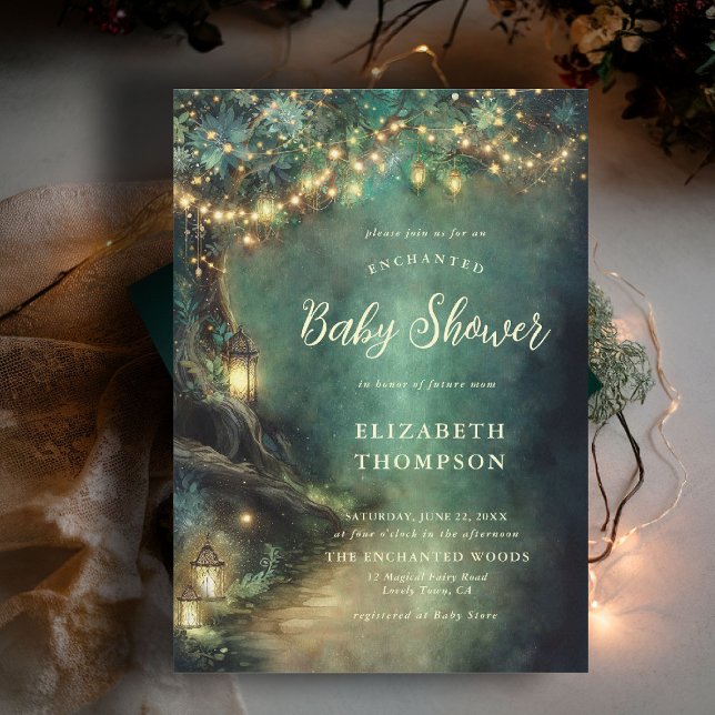 Enchanted Forest Magic Lanterns Fairy Baby Shower Invitation (enchanted forest baby shower invitation woodland lanterns magical tree fairy tale storybook)