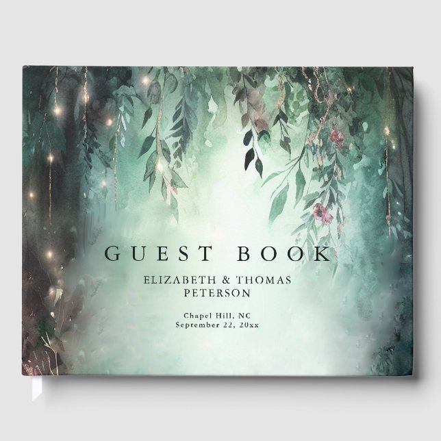 Enchanted Forest Magical Vines Green Gold Wedding Guest Book (Front)