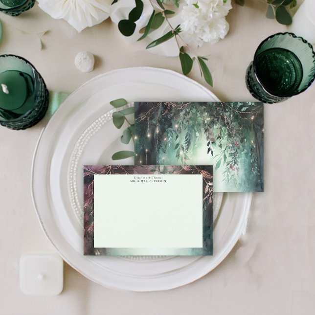 Enchanted Forest Magical Vines Green Mauve Wedding Thank You Card (enchanted forest wedding couple thank you modern elegant romantic watercolor gold vines emerald)