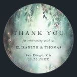 Enchanted Forest Magical Vines Wedding Thank You Classic Round Sticker<br><div class="desc">A whimsical watercolor illustration of lush foliage in emerald green and mauve and purple, sparkling bright with fairy lights and magic dust, decorates this spring summer fall wedding thank you sticker with an enchanted forest theme. Perfect for brides who love the fairytale forest setting, the fairy forest or fairy garden...</div>