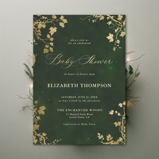 Enchanted Forest Minimal Foliage Frame Baby Shower Invitation (Enchanted Forest Hunter Green Minimal Greenery Modern Calligraphy Neutral Baby Shower Invitation)