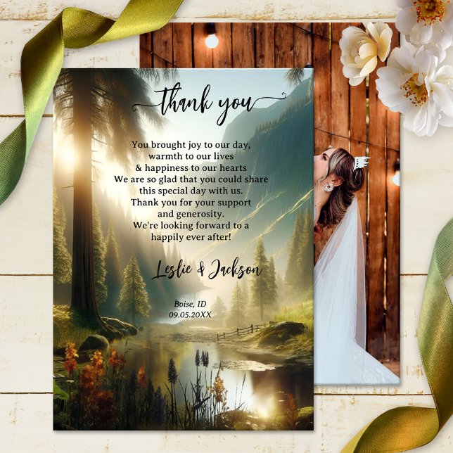 Enchanted Forest Mountain Wedding Photo  Thank You Card (Wedding Thank You card featuring your own wedding photo and an enchanted forest in the mountains)