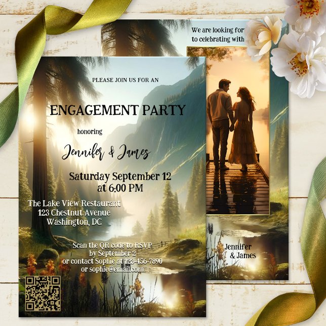 Enchanted Forest Mountains Photo Engagement Invitation (A photo engagement party invitation showing a painting of an enchanted forest in the mountains)