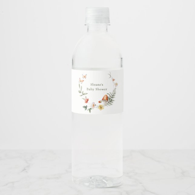 Enchanted Forest Mushroom Baby Shower Water Bottle Label (Front)