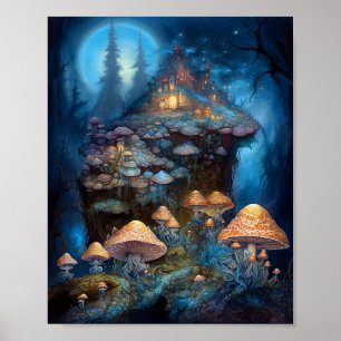 Enchanted Forest Mushrooms Castle Fantasy Art Poster