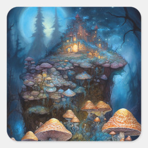 Enchanted Forest Mushrooms Castle Fantasy Art Square Sticker