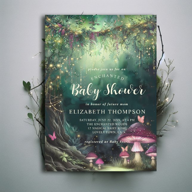 Enchanted Forest Mushrooms Grove Magic Baby Shower Invitation (enchanted forest baby shower theme invitation mushrooms butterflies emerald green pink woodland chic)