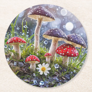 Enchanted Forest Mushrooms in Rain Round Paper Coaster