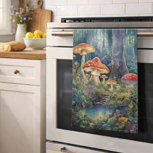 Enchanted Forest Mushrooms   Mystical Fantasy Tea Towel