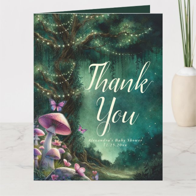 Enchanted Forest Mushrooms Pink Green Baby Shower Thank You Card (Front)
