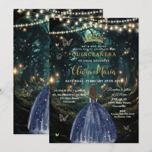 Enchanted Forest Navy Blue Dress Quinceañera 16 Invitation (Front/Back)