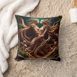 Enchanted Forest Nymphs Embracing by Waterfall Cushion