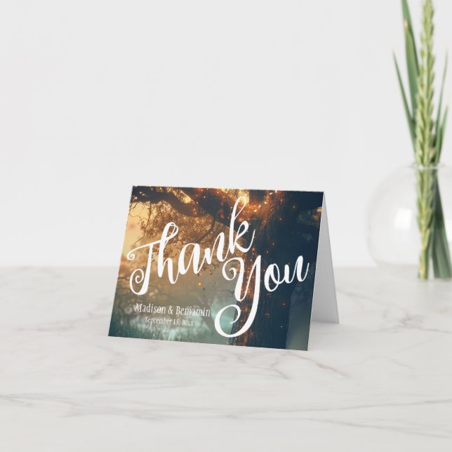 Enchanted Forest Oak Tree Fairy Lights Wedding Card (Front)