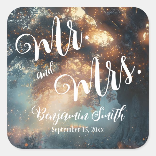 Enchanted Forest Oak Tree Fairy Lights Wedding Square Sticker (Front)