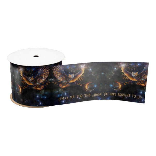 Enchanted forest owl dark theme custom text satin ribbon (Spool)