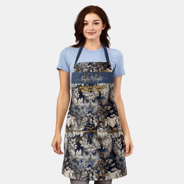 Enchanted forest owl white grey custom Monogram Apron (Worn)