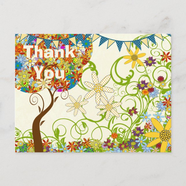 Enchanted Forest Patchwork Floral Fairy Tale Tree Announcement Postcard (Front)