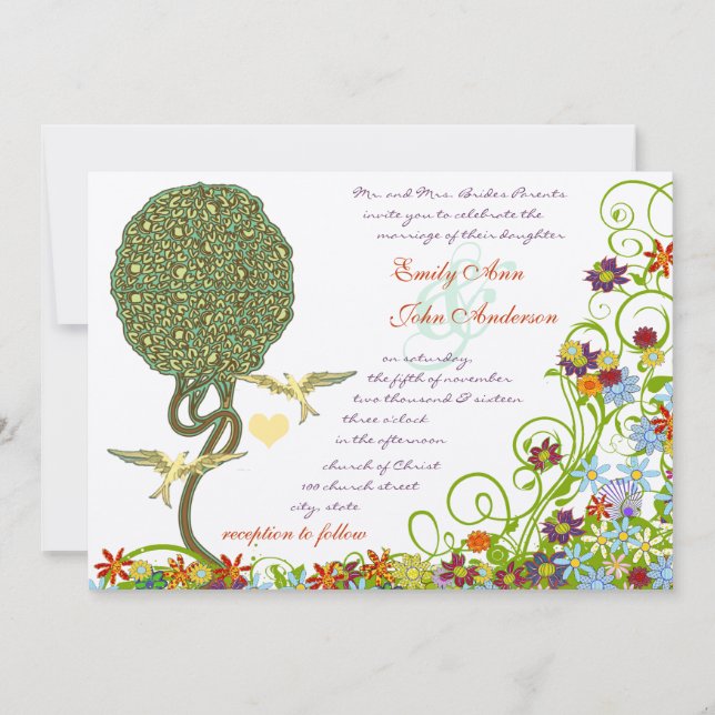 Enchanted Forest Patchwork Floral Fairy Tale Tree Invitation (Front)