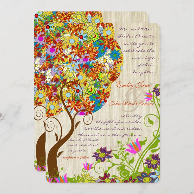 Enchanted Forest Patchwork Floral Fairy Tale Tree Invitation (Front/Back)