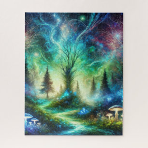 Enchanted Forest Path Glowing Mushrooms Cosmic Sky Jigsaw Puzzle