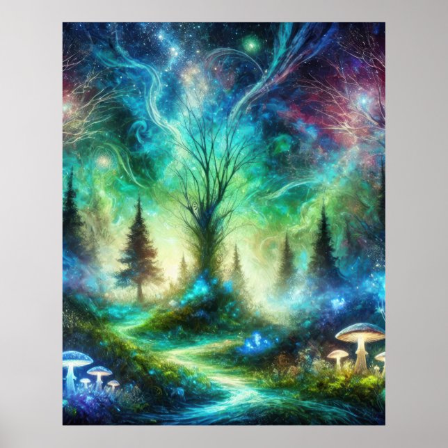 Enchanted Forest Path Glowing Mushrooms Cosmic Sky Poster (Front)