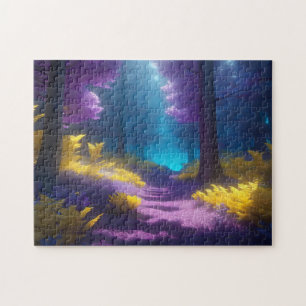 Enchanted Forest Path in Neon Purple and Gold Jigsaw Puzzle