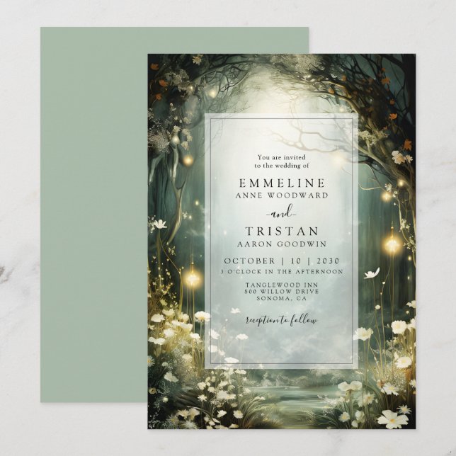 Enchanted Forest Path Of Flowers Green Wedding Invitation (Front/Back)