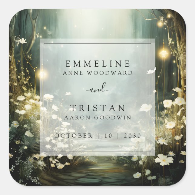 Enchanted Forest Path Of Flowers Green Wedding Square Sticker (Front)