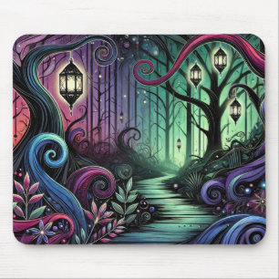 Enchanted Forest Path with Glowing Lanterns Mouse Mat