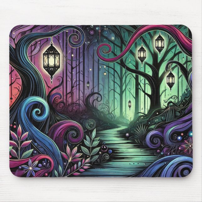Enchanted Forest Path with Glowing Lanterns Mouse Mat (Front)