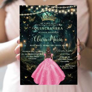 Enchanted Forest Pink Dress Girl Gold Quinceañera Invitation
