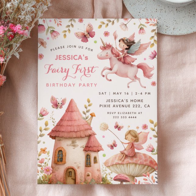 Enchanted Forest Pink Fairy First Birthday Party  Invitation (Creator Uploaded)