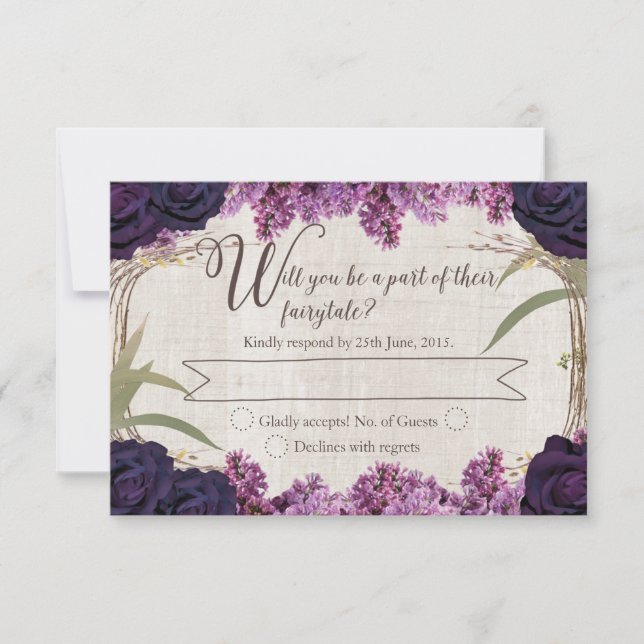 Enchanted Forest Purple Fairytale Wedding RSVP Card (Front)
