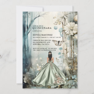Enchanted Forest Quinceanera Sage Green Floral Invitation