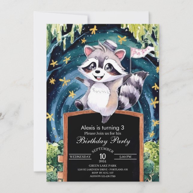Enchanted Forest Racoon Birthday Invitation (Front)