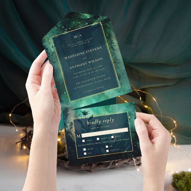 Enchanted Forest Romantic Woods Green Gold Wedding All In One Invitation (enchanted forest wedding invitation seal send romantic greenery all in one green gold magical woods )