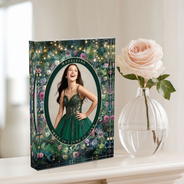 Enchanted Forest Rose Greenery Fairy Woodland Photo Block (enchanted forest photo block wild rose floral emerald gold woodland fairy greenery keepsake sweet 16)