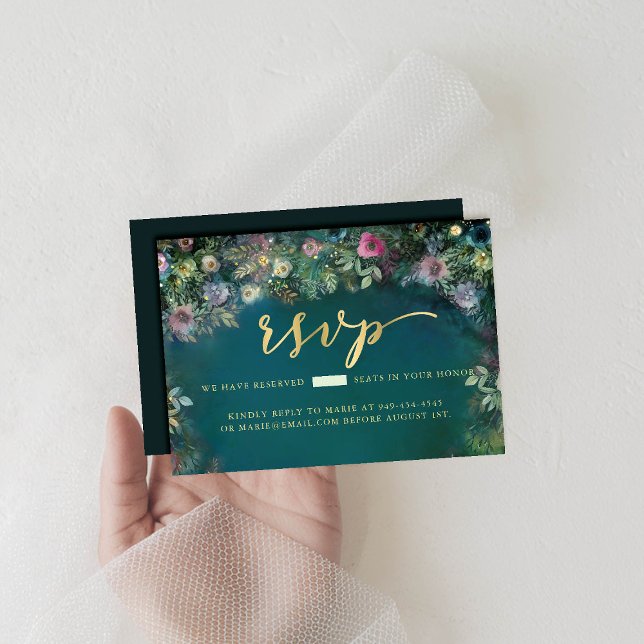 Enchanted Forest Rose Greenery Fairy Woodland RSVP Card (enchanted forest sweet sixteen rsvp reply respond roses greenery fairy woodland calligraphy gold)