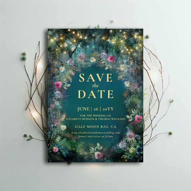 Enchanted Forest Roses Arch Wedding Save the Date Invitation (enchanted forest wedding save date magical fairy tale woodland rose gold emerald green typography)