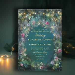 Enchanted Forest Roses Arch Woodland Gold Wedding Invitation