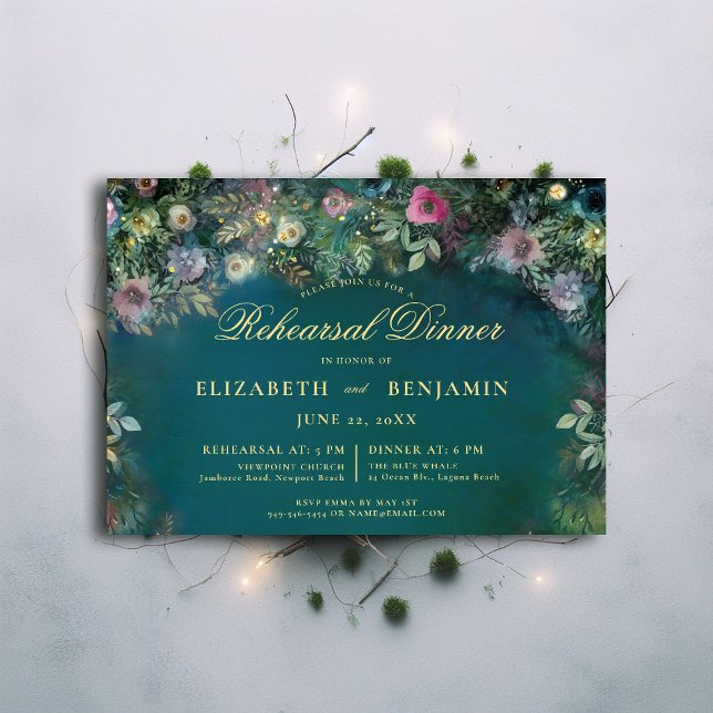 Enchanted Forest Roses Fairy Tale Rehearsal Dinner Invitation (enchanted forest rehearsal dinner invite magic fairy tale woodland roses gold emerald green garden)