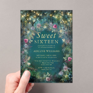 Enchanted Forest Roses Greenery Woodland Sweet 16 Acrylic Invitations